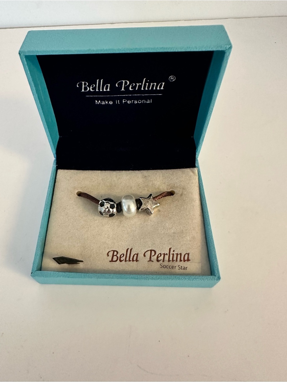 Bella Perlina Silver Soccer Star Leather Bracelet